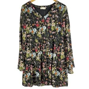 NWOT Altard State Boho Black Floral Long Sleeve Vneck Flowy Dress Size Medium